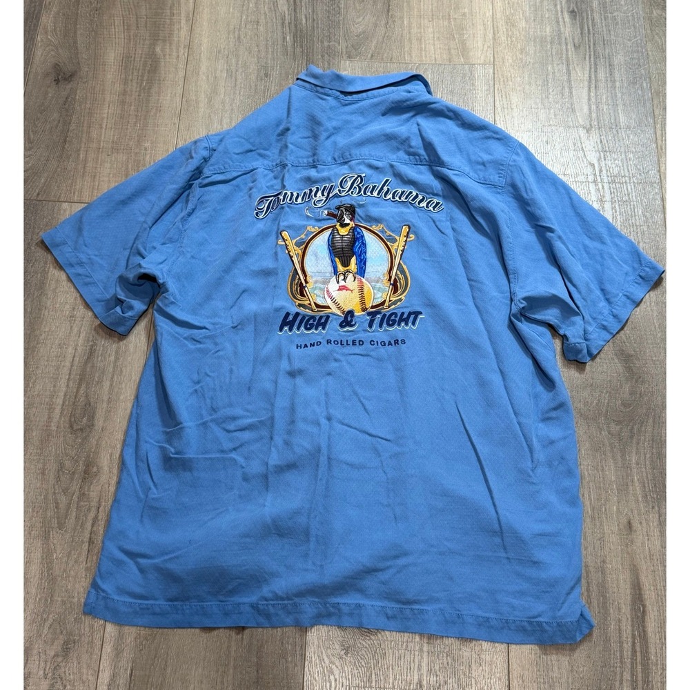 Tommy Bahama Mens L Blue Silk High & Tight Baseball Cigar Camp Shirt